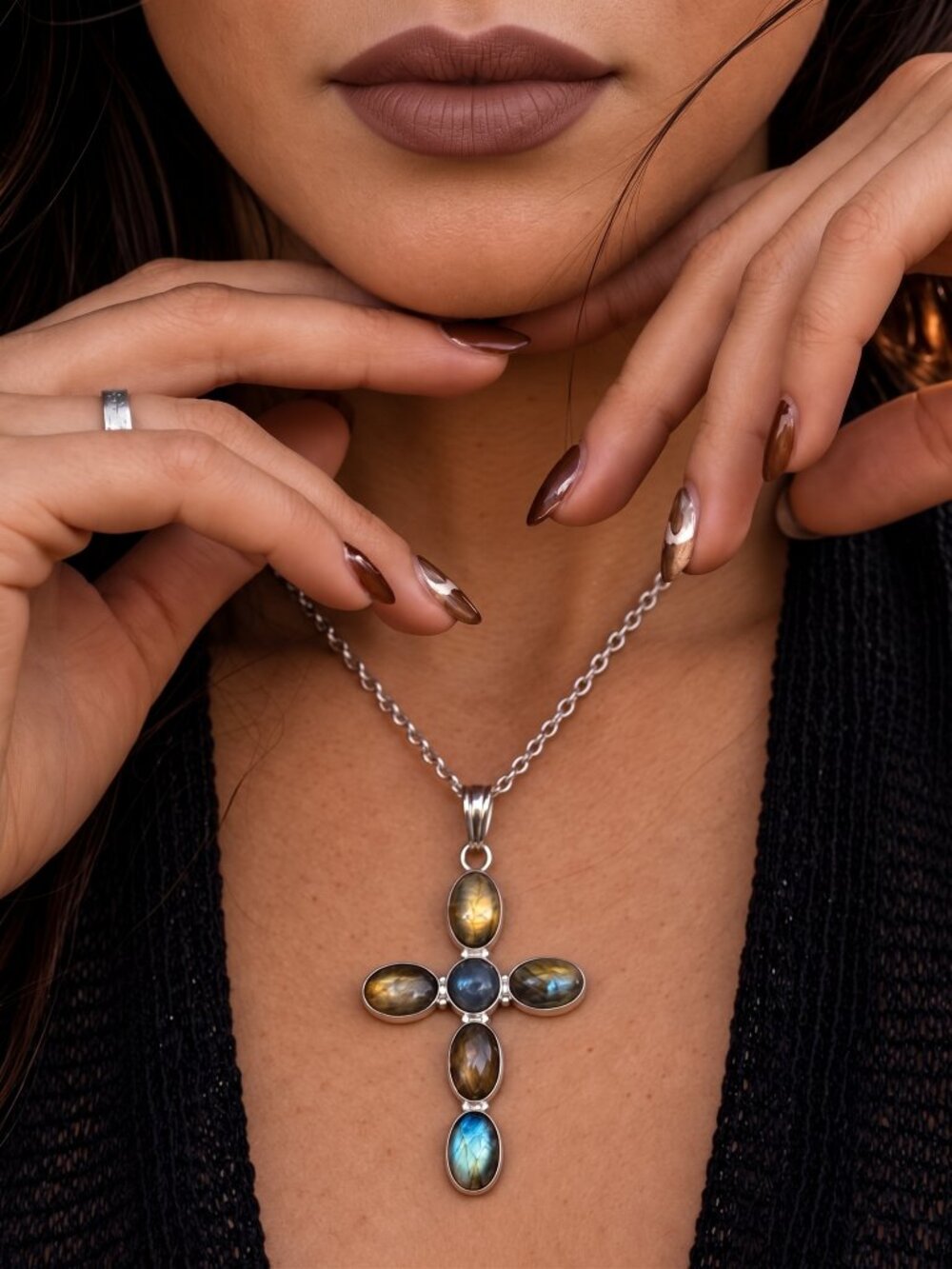 Cross Pendant Necklace Genuine Labradorite Silver Plated Whimsigoth Gothic Boho - NeoKira Unlimited