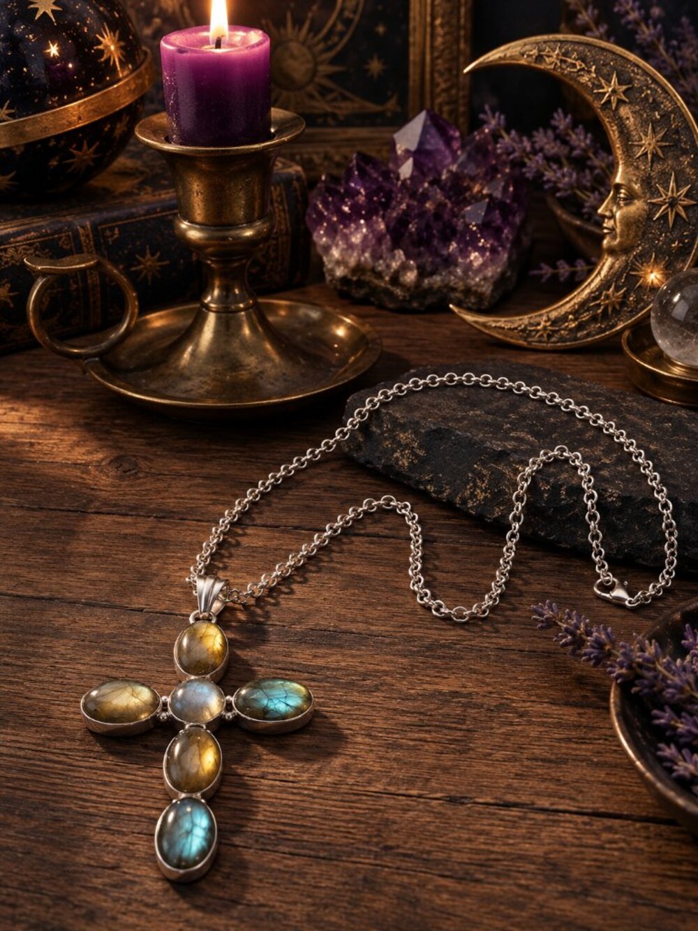 Cross Pendant Necklace Genuine Labradorite Silver Plated Whimsigoth Gothic Boho - NeoKira Unlimited