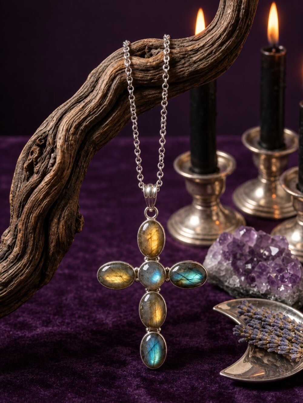 Cross Pendant Necklace Genuine Labradorite Silver Plated Whimsigoth Gothic Boho - NeoKira Unlimited
