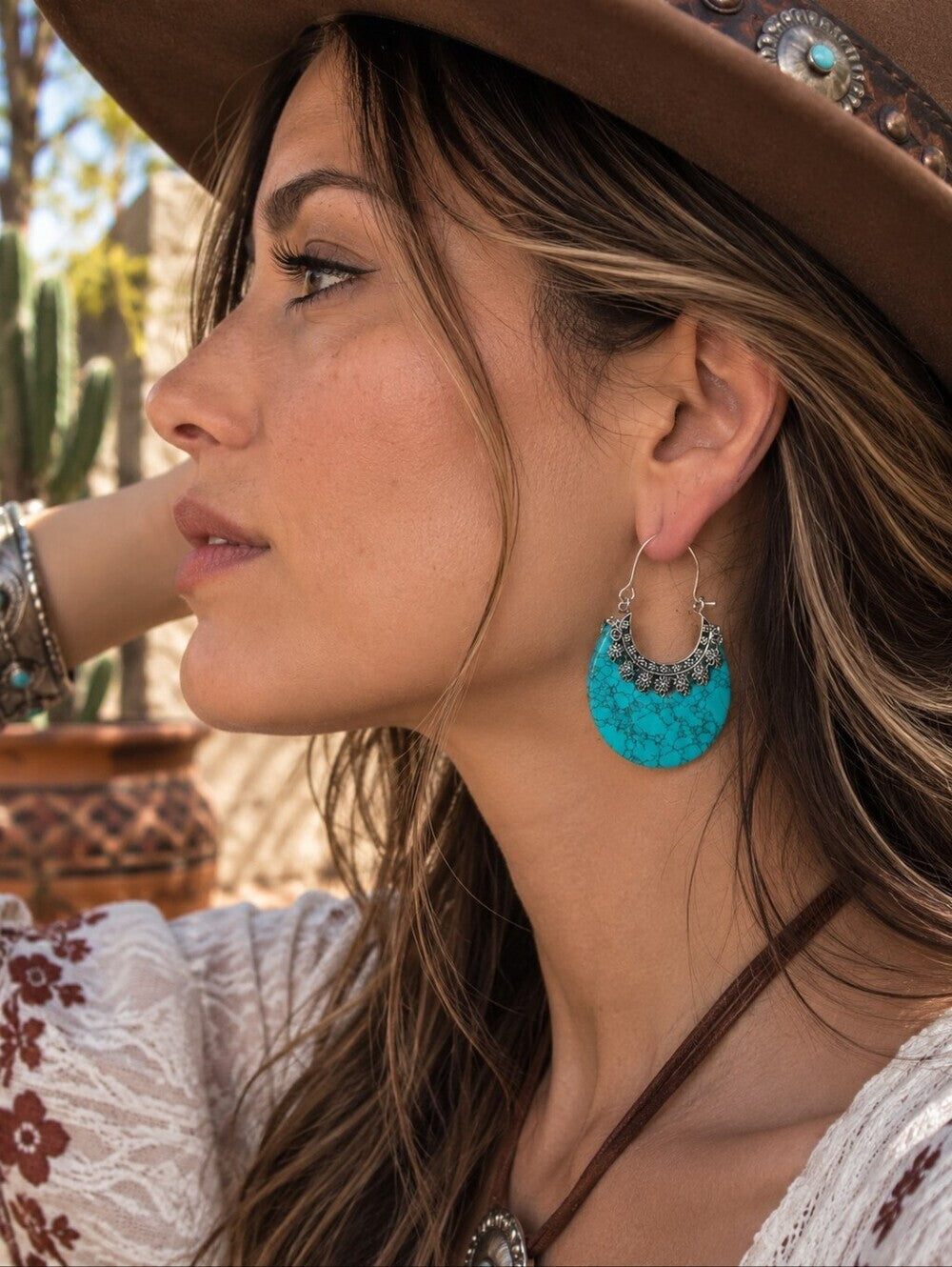 Turquoise Stone Crescent Hoop Earrings 925 Silver Plated Southwestern Artisan 2" - NeoKira Unlimited