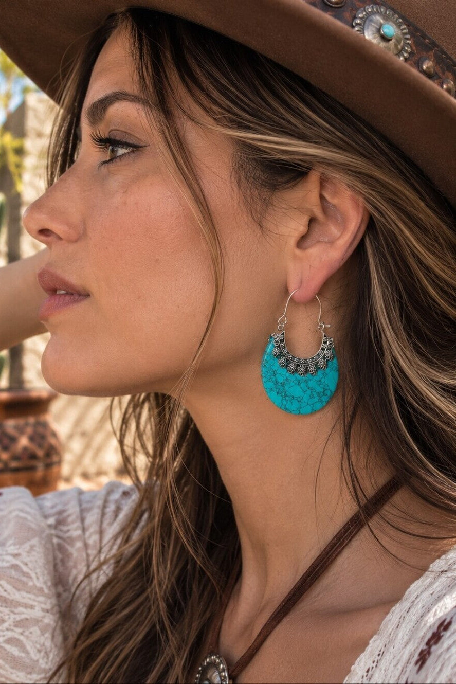 Turquoise Stone Crescent Hoop Earrings 925 Silver Plated Southwestern Artisan 2" - NeoKira Unlimited