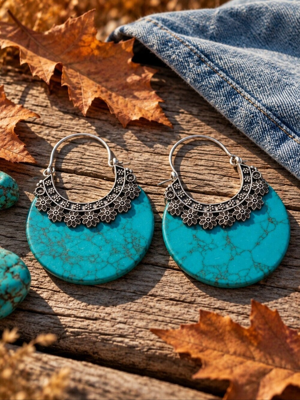 Turquoise Stone Crescent Hoop Earrings 925 Silver Plated Southwestern Artisan 2" - NeoKira Unlimited