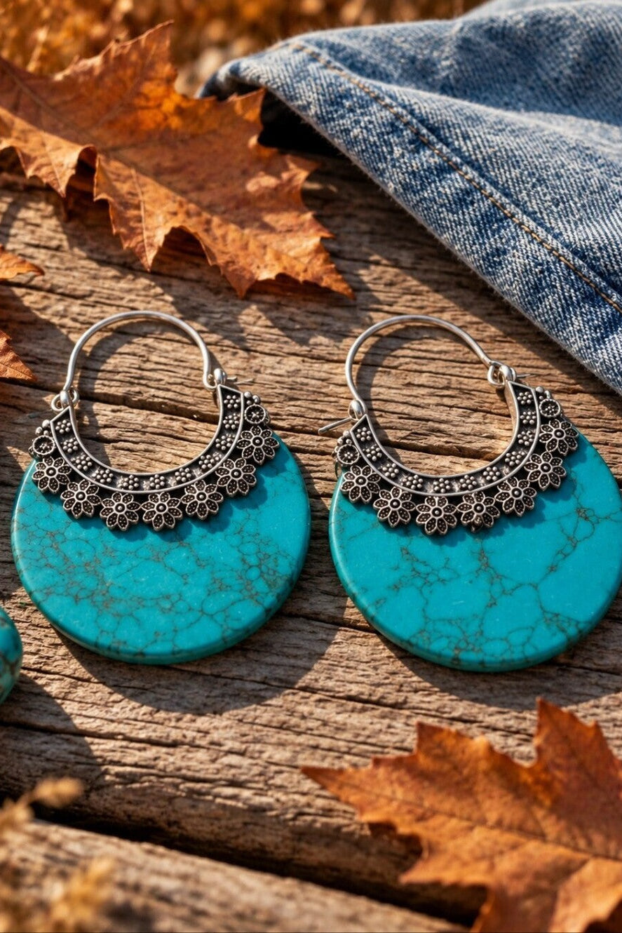 Turquoise Stone Crescent Hoop Earrings 925 Silver Plated Southwestern Artisan 2" - NeoKira Unlimited