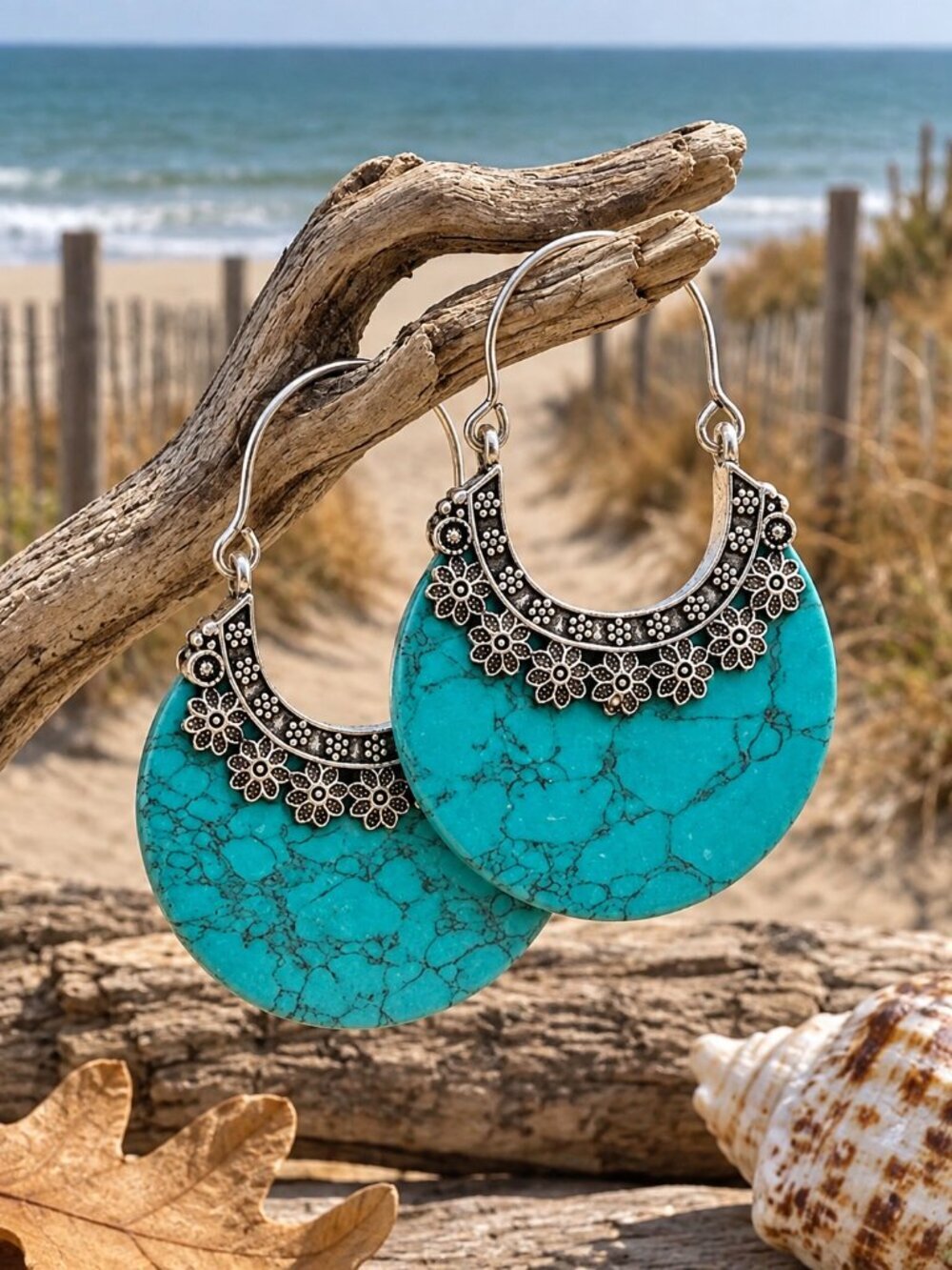 Turquoise Stone Crescent Hoop Earrings 925 Silver Plated Southwestern Artisan 2" - NeoKira Unlimited
