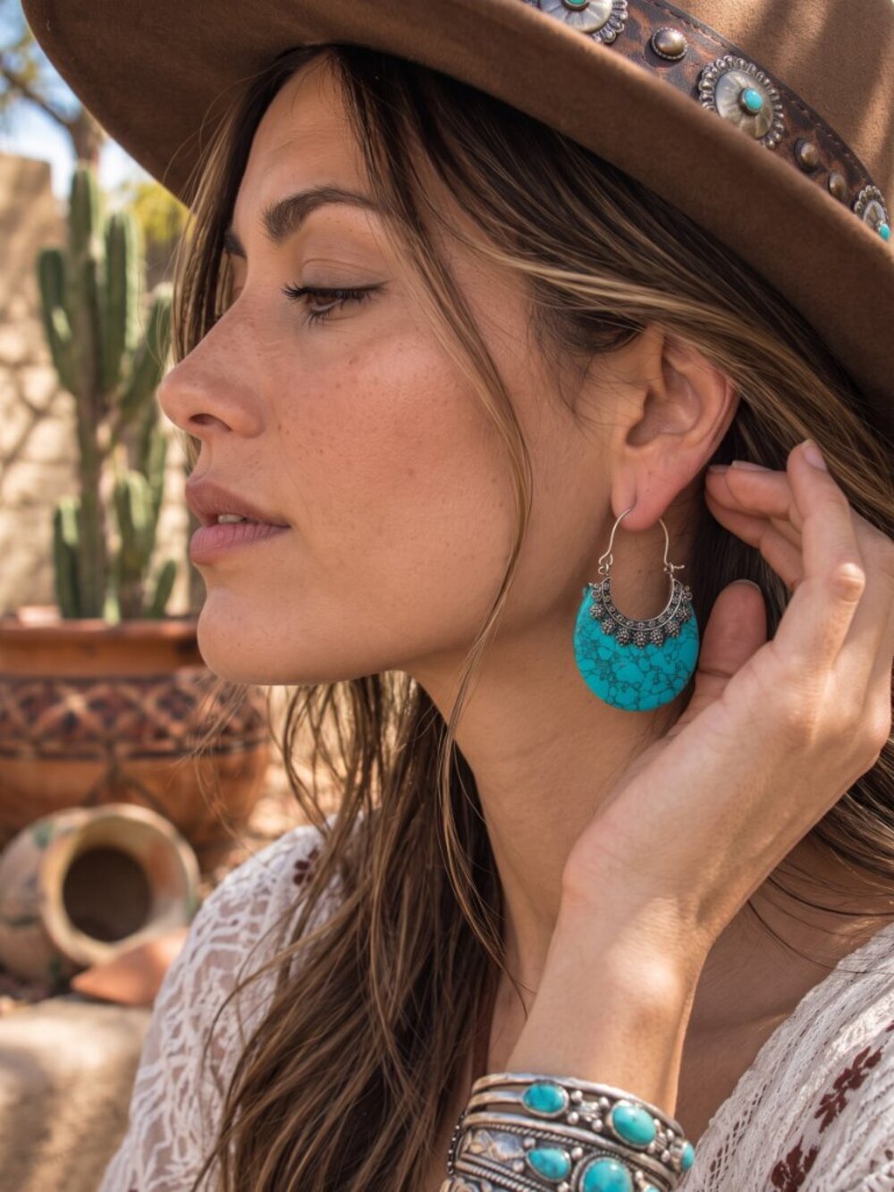 Turquoise Stone Crescent Hoop Earrings 925 Silver Plated Southwestern Artisan 2" - NeoKira Unlimited