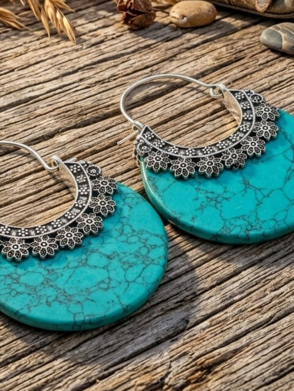 Turquoise Stone Crescent Hoop Earrings 925 Silver Plated Southwestern Artisan 2" - NeoKira Unlimited