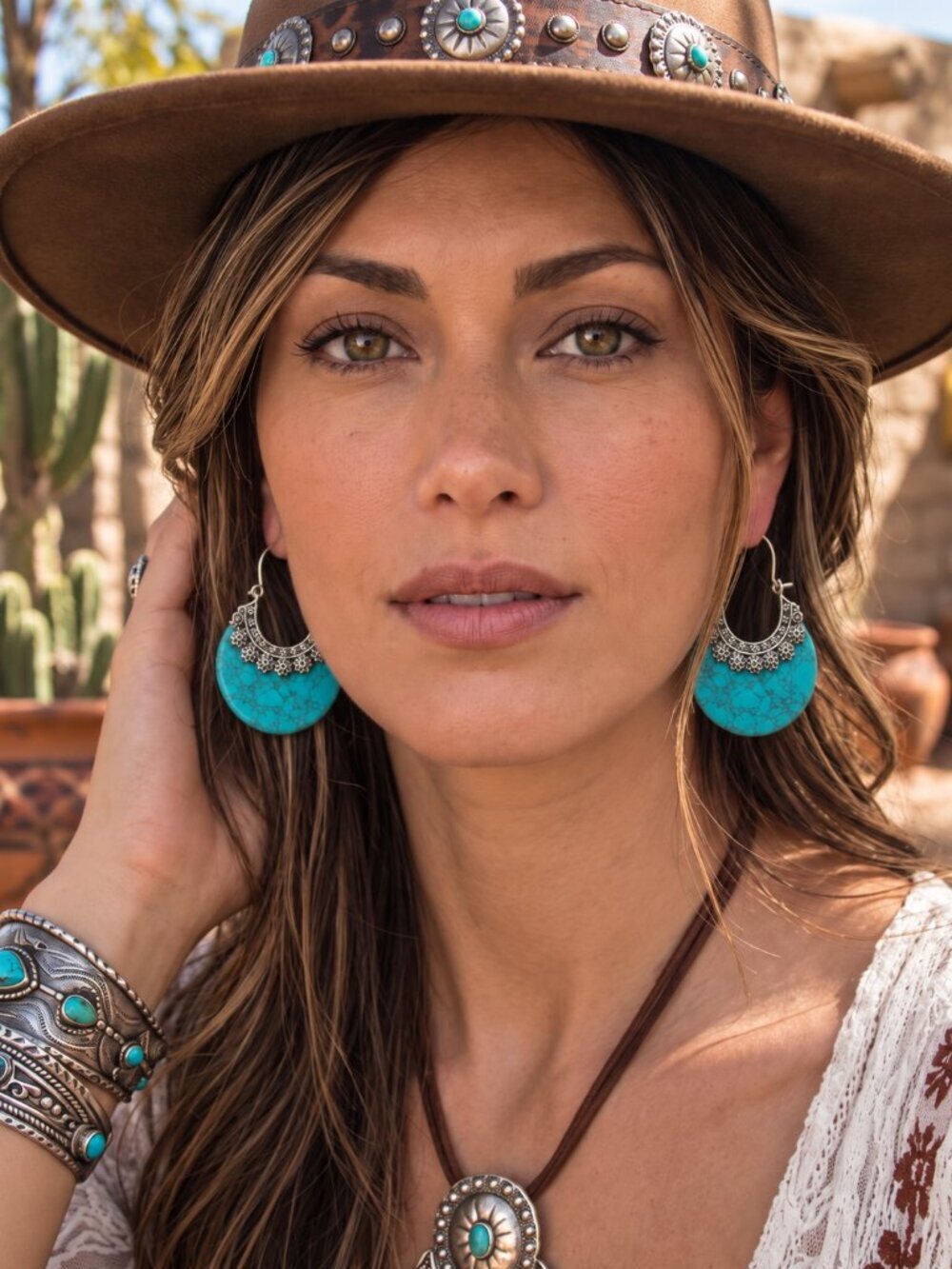 Turquoise Stone Crescent Hoop Earrings 925 Silver Plated Southwestern Artisan 2" - NeoKira Unlimited