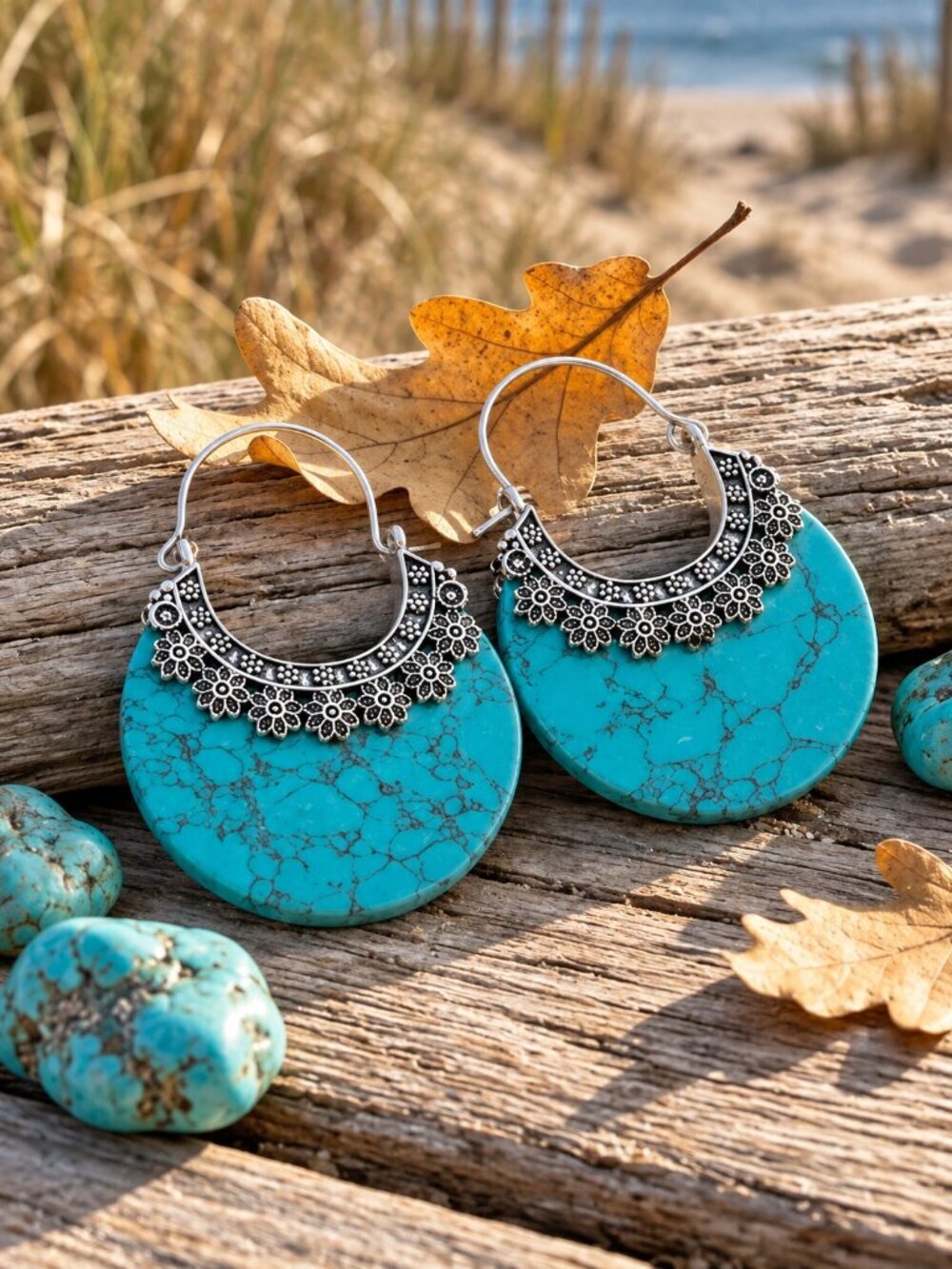 Turquoise Stone Crescent Hoop Earrings 925 Silver Plated Southwestern Artisan 2" - NeoKira Unlimited