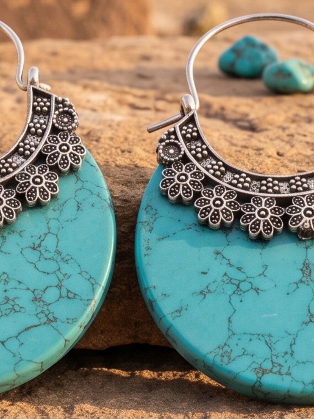 Turquoise Stone Crescent Hoop Earrings 925 Silver Plated Southwestern Artisan 2" - NeoKira Unlimited