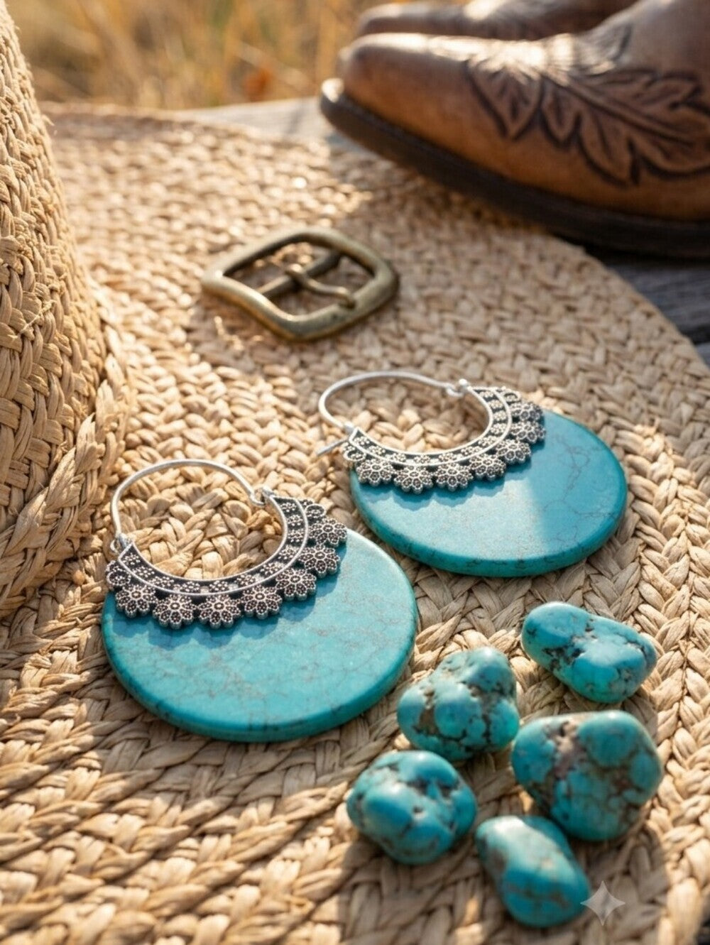 Turquoise Stone Crescent Hoop Earrings 925 Silver Plated Southwestern Artisan 2" - NeoKira Unlimited