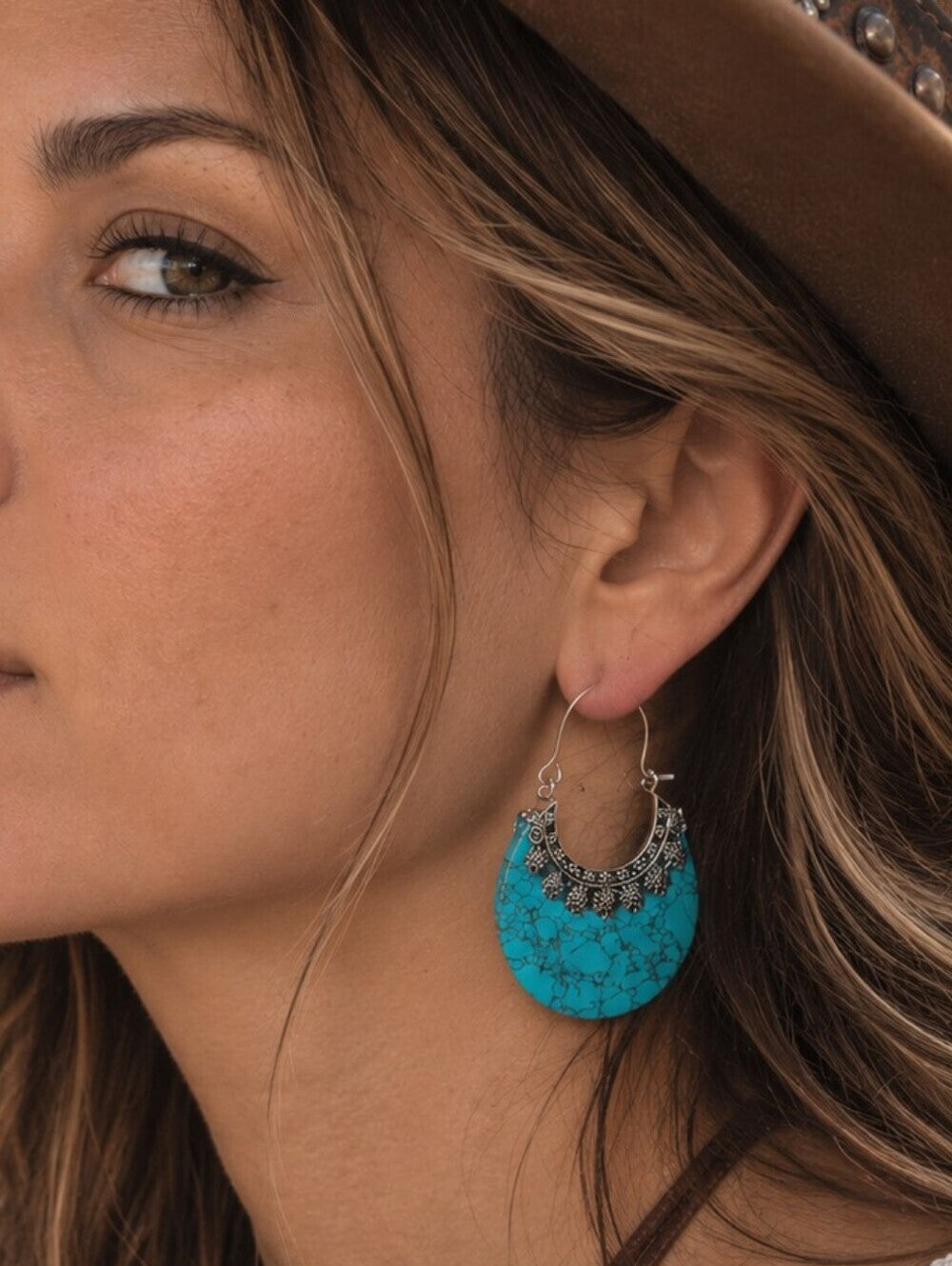 Turquoise Stone Crescent Hoop Earrings 925 Silver Plated Southwestern Artisan 2" - NeoKira Unlimited