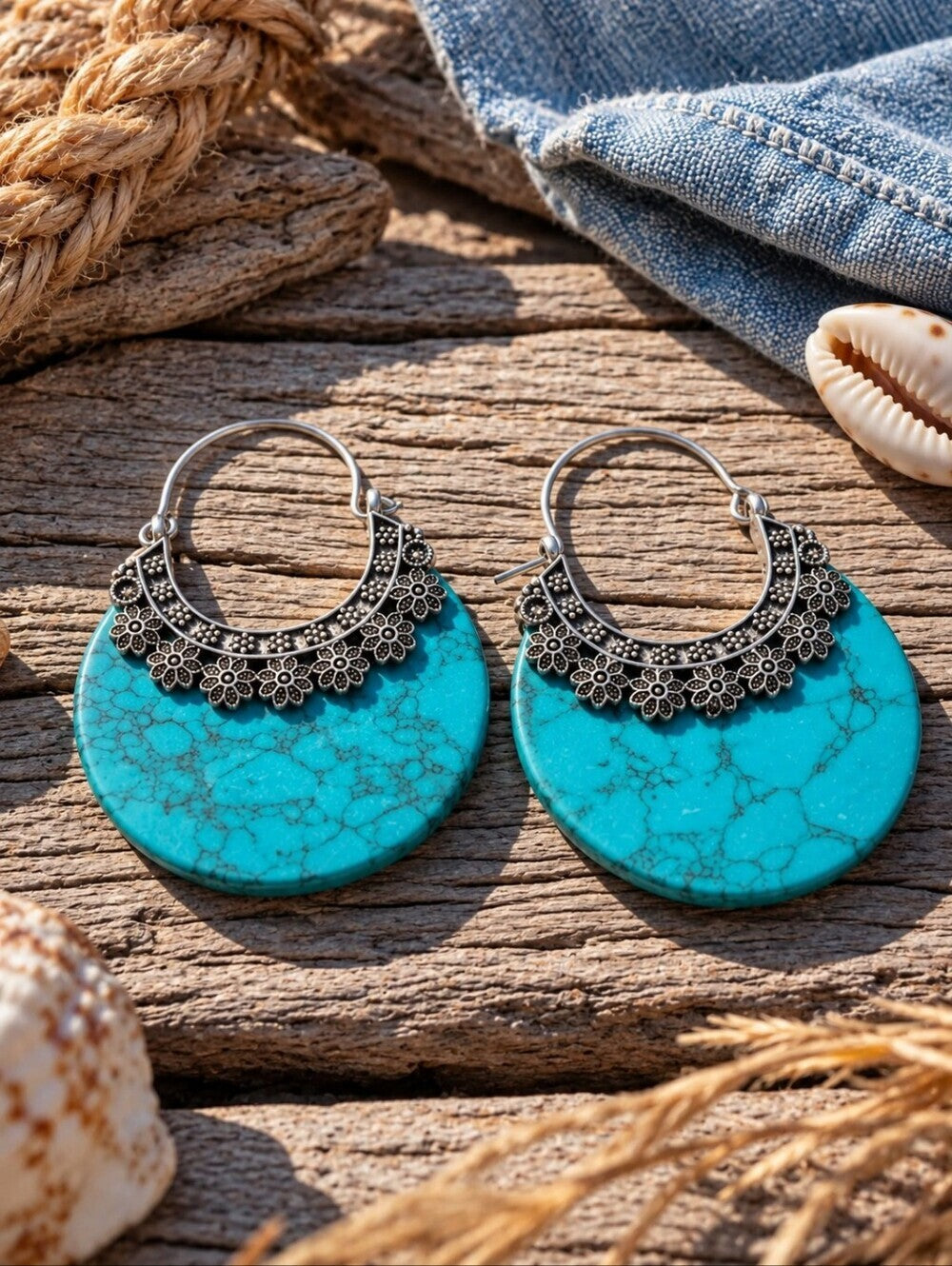 Turquoise Stone Crescent Hoop Earrings 925 Silver Plated Southwestern Artisan 2" - NeoKira Unlimited