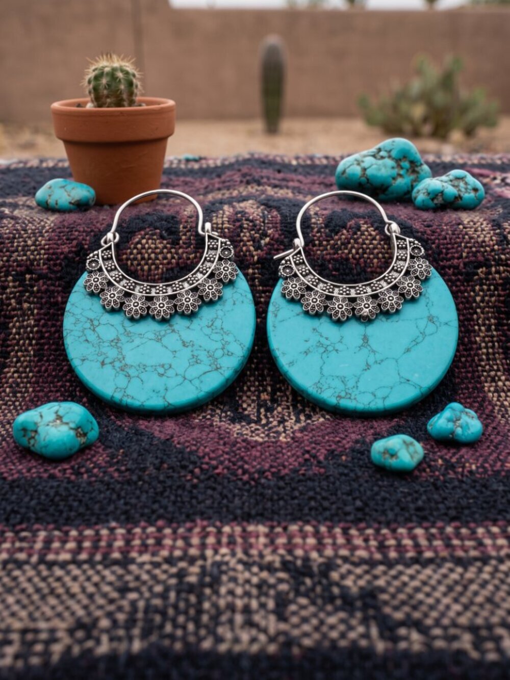 Turquoise Stone Crescent Hoop Earrings 925 Silver Plated Southwestern Artisan 2" - NeoKira Unlimited