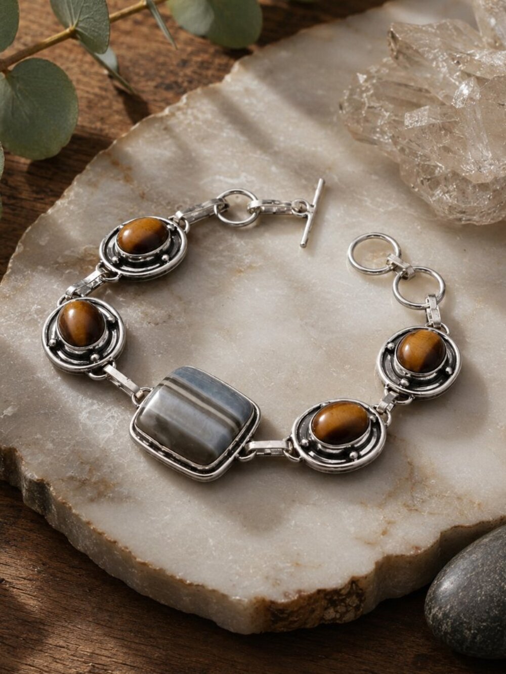 925 Silver Handcrafted Botswana Agate Tigers Eye Toggle Bracelet Boho Chic 7-8in - NeoKira Unlimited