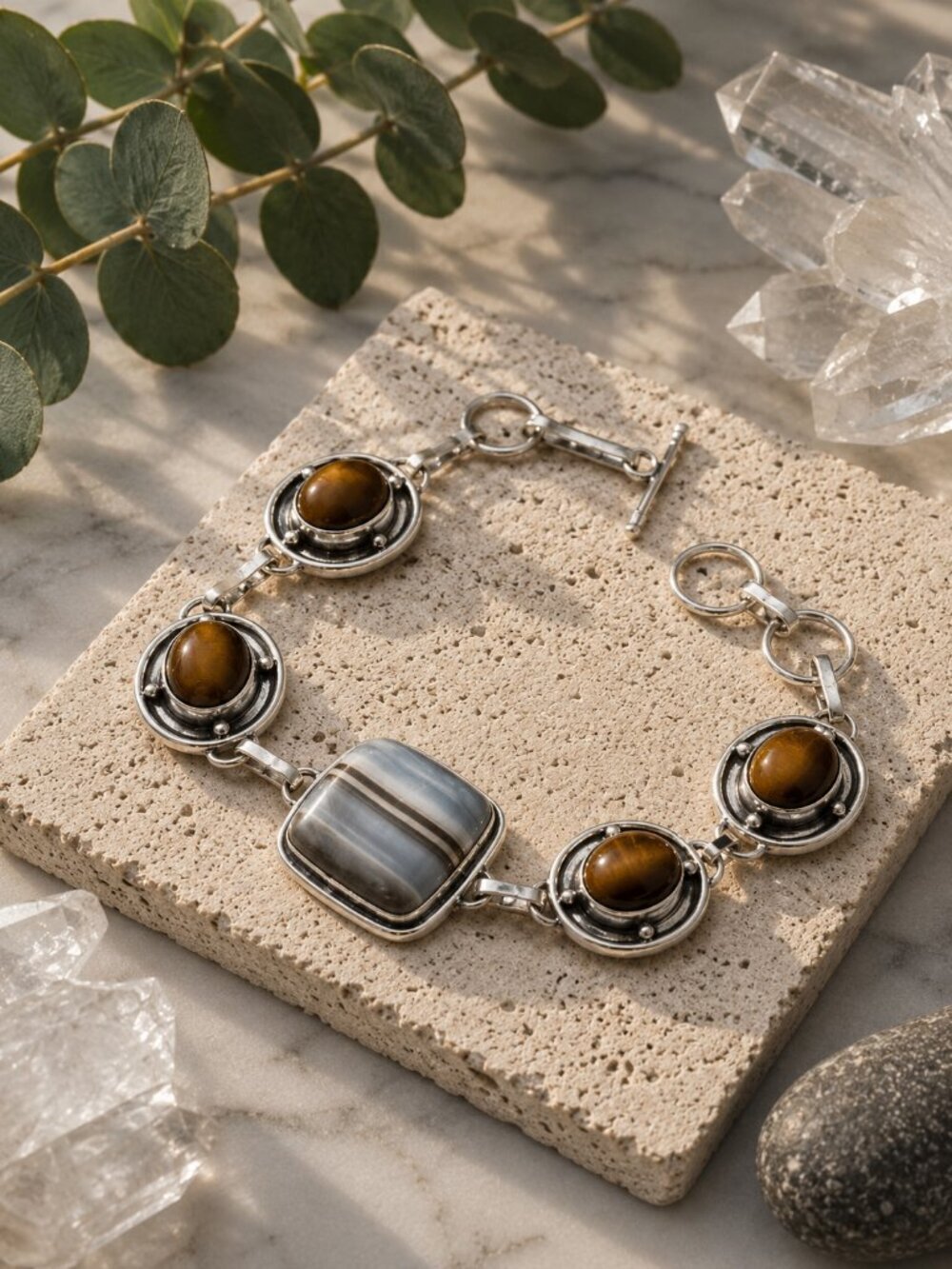 925 Silver Handcrafted Botswana Agate Tigers Eye Toggle Bracelet Boho Chic 7-8in - NeoKira Unlimited