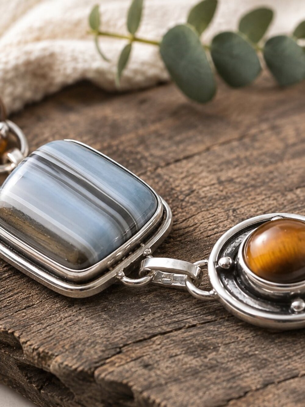 925 Silver Handcrafted Botswana Agate Tigers Eye Toggle Bracelet Boho Chic 7-8in - NeoKira Unlimited