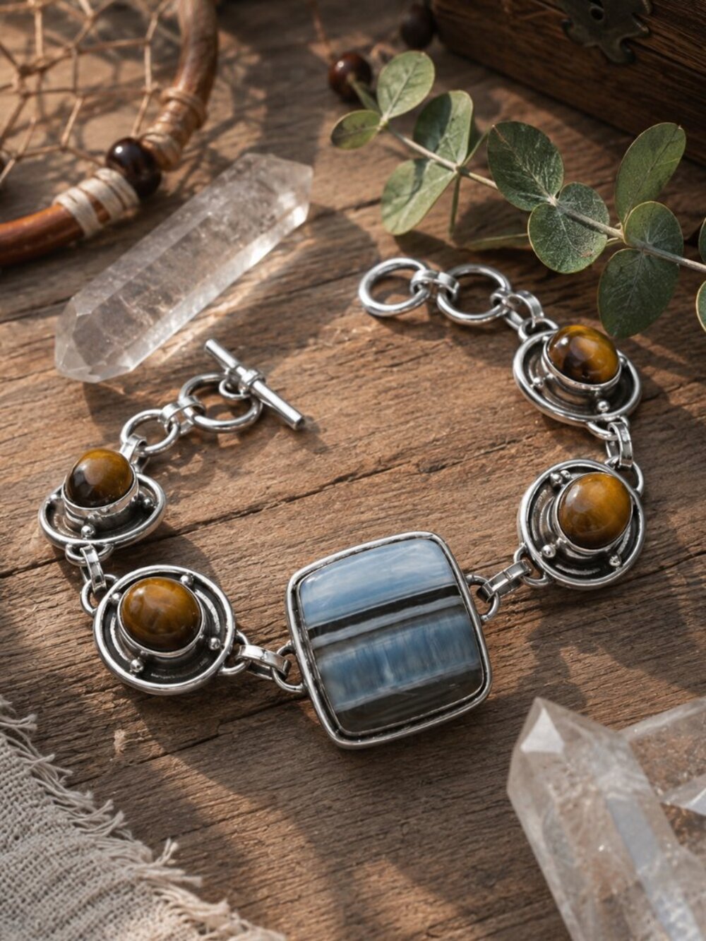 925 Silver Handcrafted Botswana Agate Tigers Eye Toggle Bracelet Boho Chic 7-8in - NeoKira Unlimited