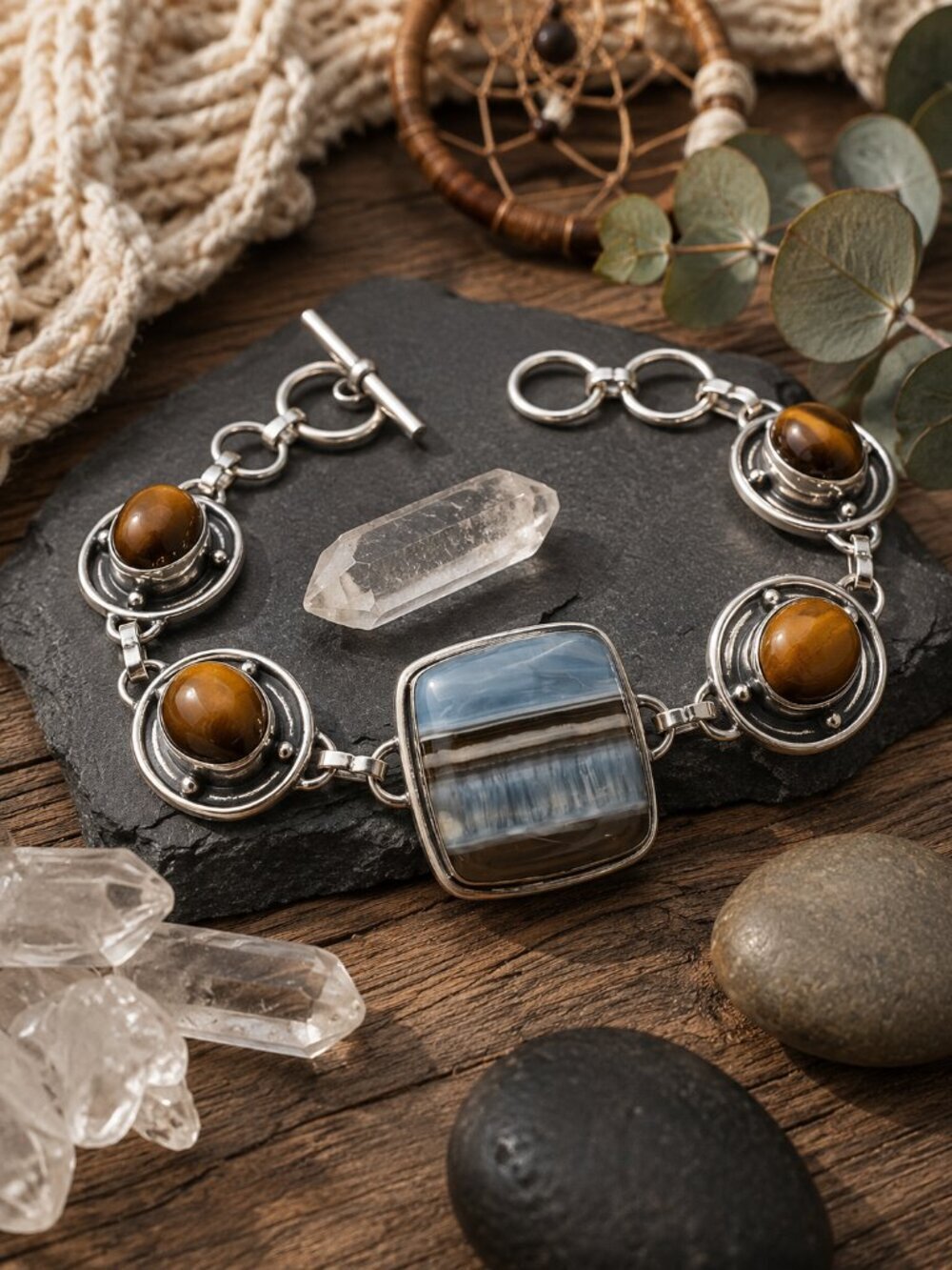 925 Silver Handcrafted Botswana Agate Tigers Eye Toggle Bracelet Boho Chic 7-8in - NeoKira Unlimited