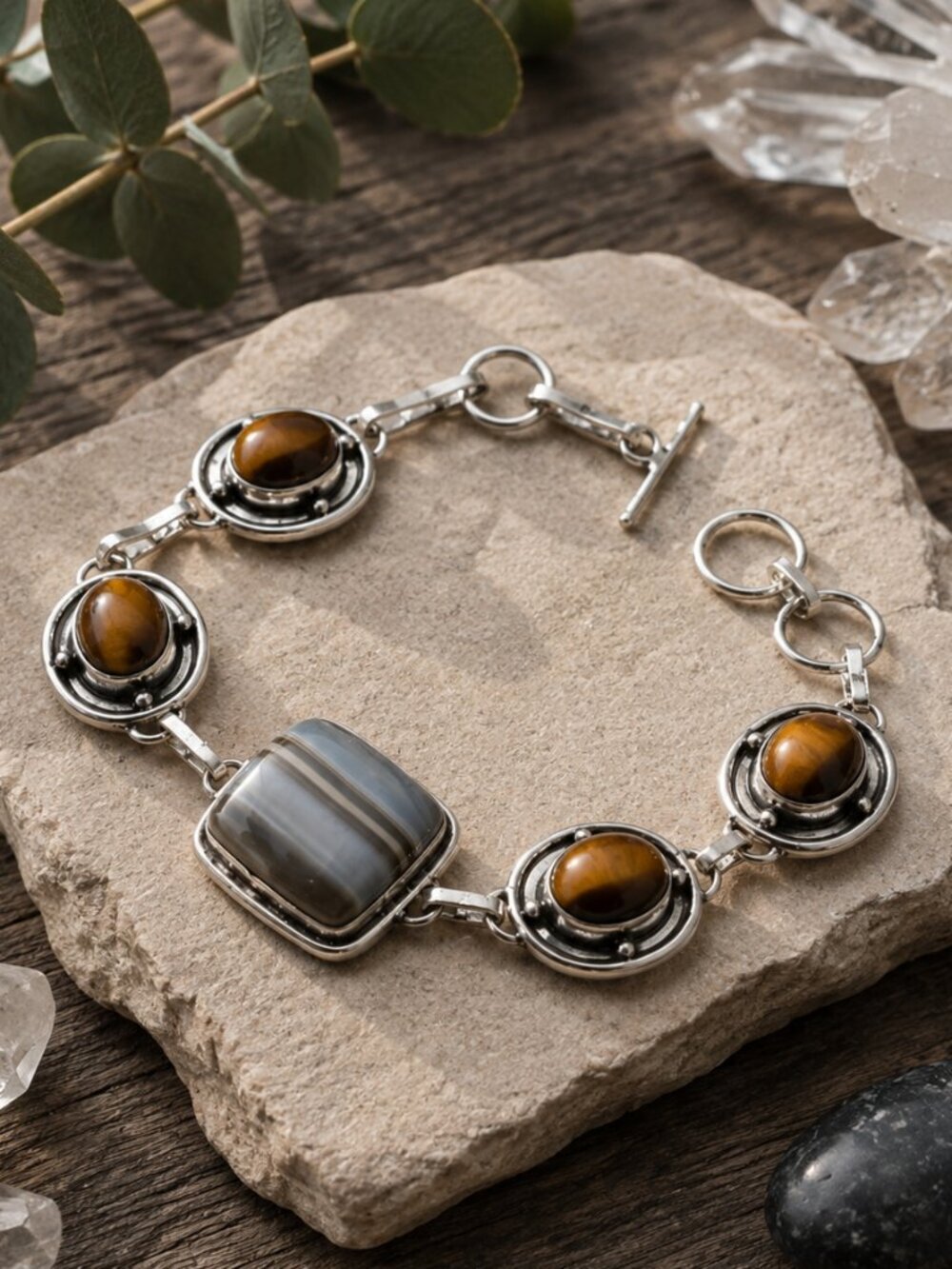 925 Silver Handcrafted Botswana Agate Tigers Eye Toggle Bracelet Boho Chic 7-8in - NeoKira Unlimited