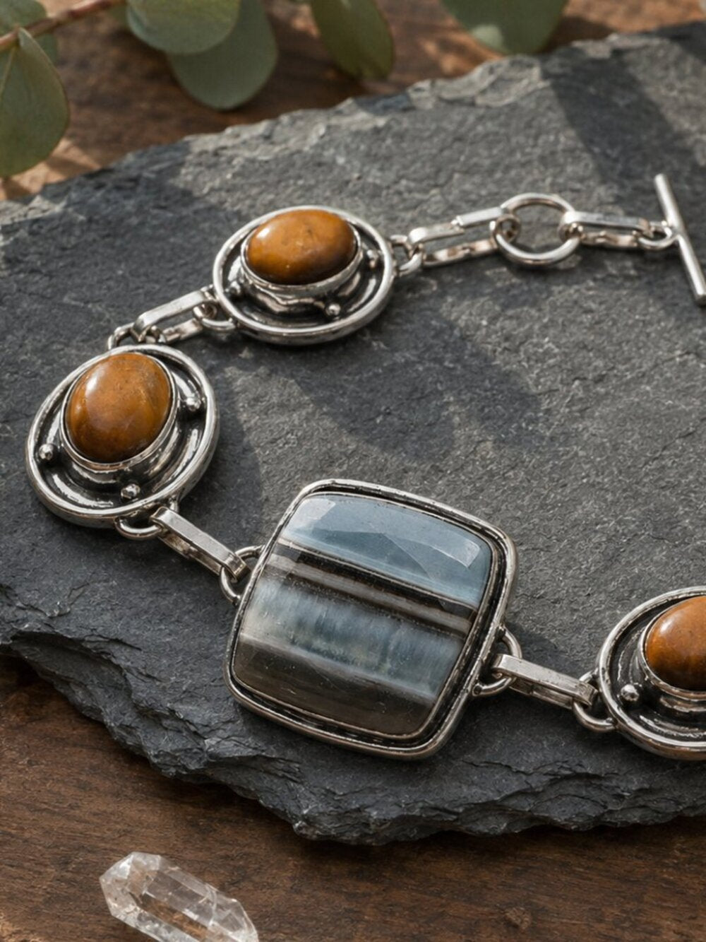 925 Silver Handcrafted Botswana Agate Tigers Eye Toggle Bracelet Boho Chic 7-8in - NeoKira Unlimited