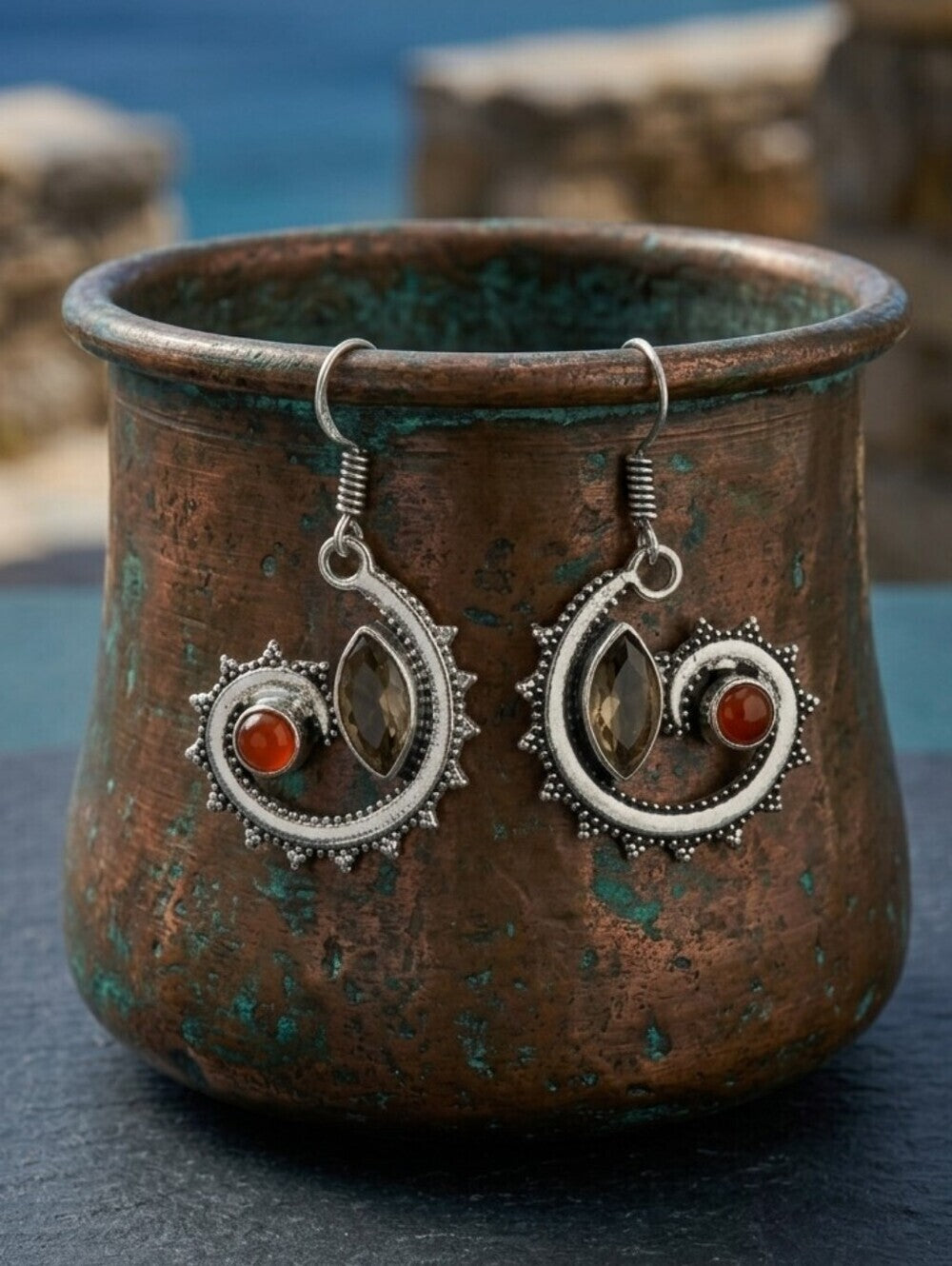 Sterling Silver Morganite Carnelian Spiral Dangle Earrings Boho Coastal 1.8" - NeoKira Unlimited
