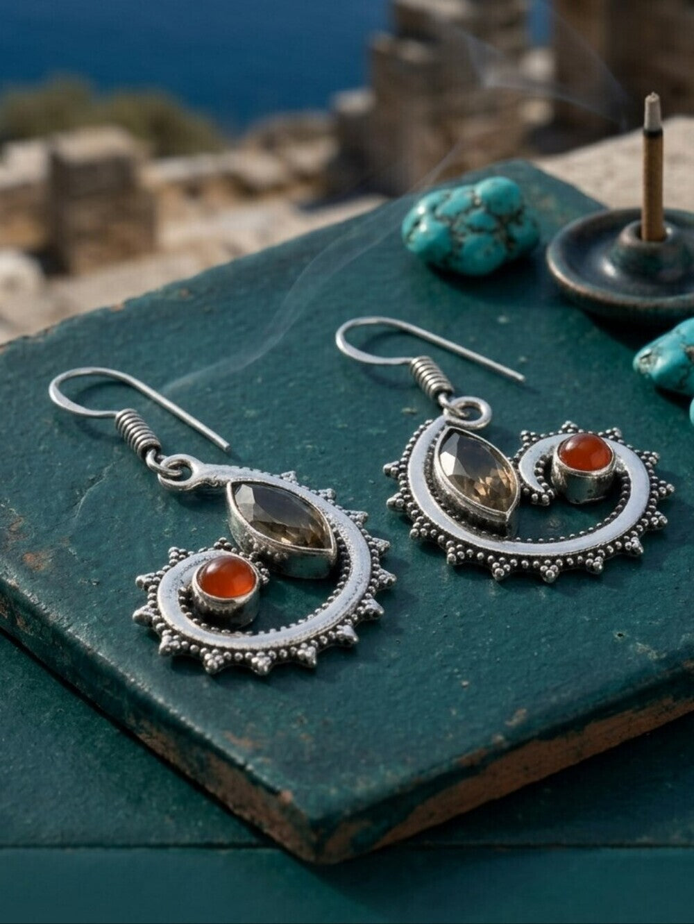 Sterling Silver Morganite Carnelian Spiral Dangle Earrings Boho Coastal 1.8" - NeoKira Unlimited