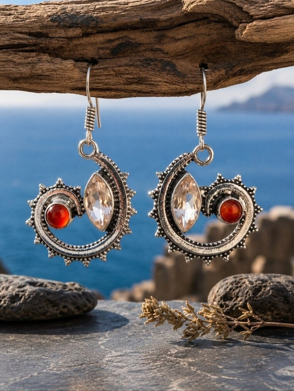 Sterling Silver Morganite Carnelian Spiral Dangle Earrings Boho Coastal 1.8" - NeoKira Unlimited