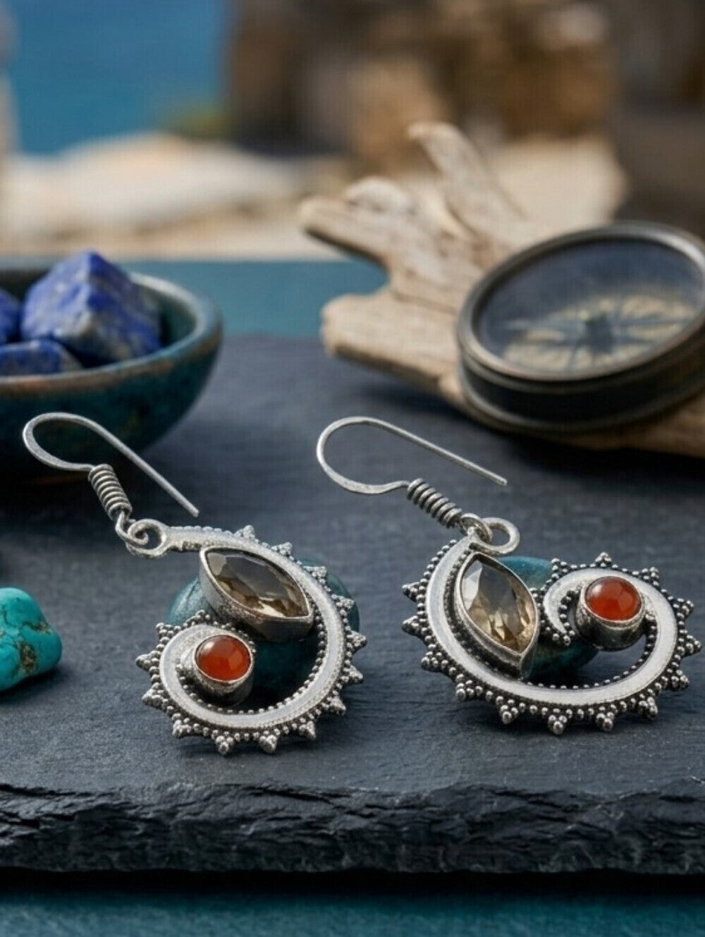 Sterling Silver Morganite Carnelian Spiral Dangle Earrings Boho Coastal 1.8" - NeoKira Unlimited