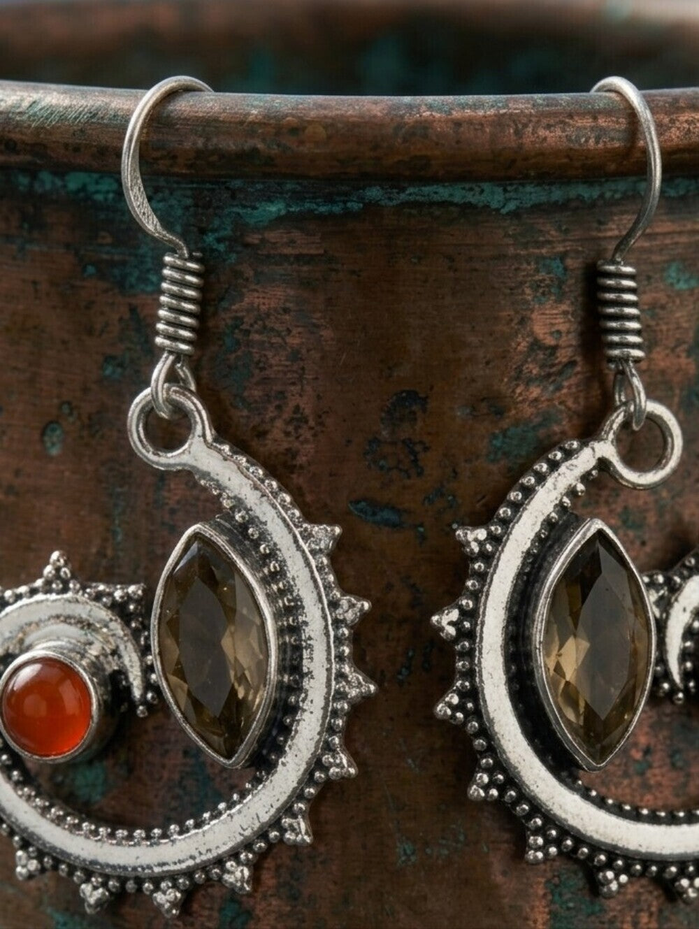 Sterling Silver Morganite Carnelian Spiral Dangle Earrings Boho Coastal 1.8" - NeoKira Unlimited