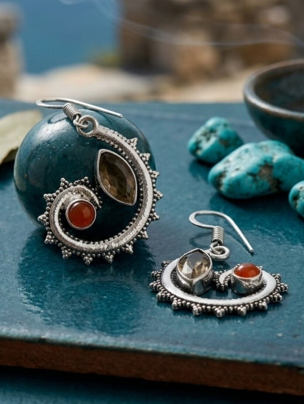 Sterling Silver Morganite Carnelian Spiral Dangle Earrings Boho Coastal 1.8" - NeoKira Unlimited
