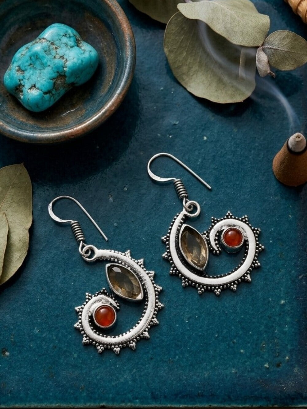 Sterling Silver Morganite Carnelian Spiral Dangle Earrings Boho Coastal 1.8" - NeoKira Unlimited