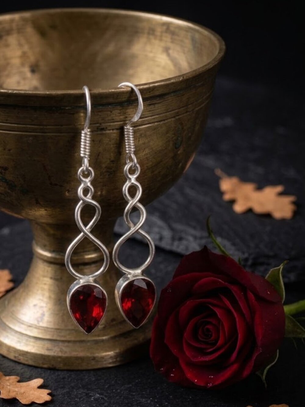 Garnet Red Teardrop Earrings 925 Sterling Silver Infinity Twist Drop 2.05" - NeoKira Unlimited
