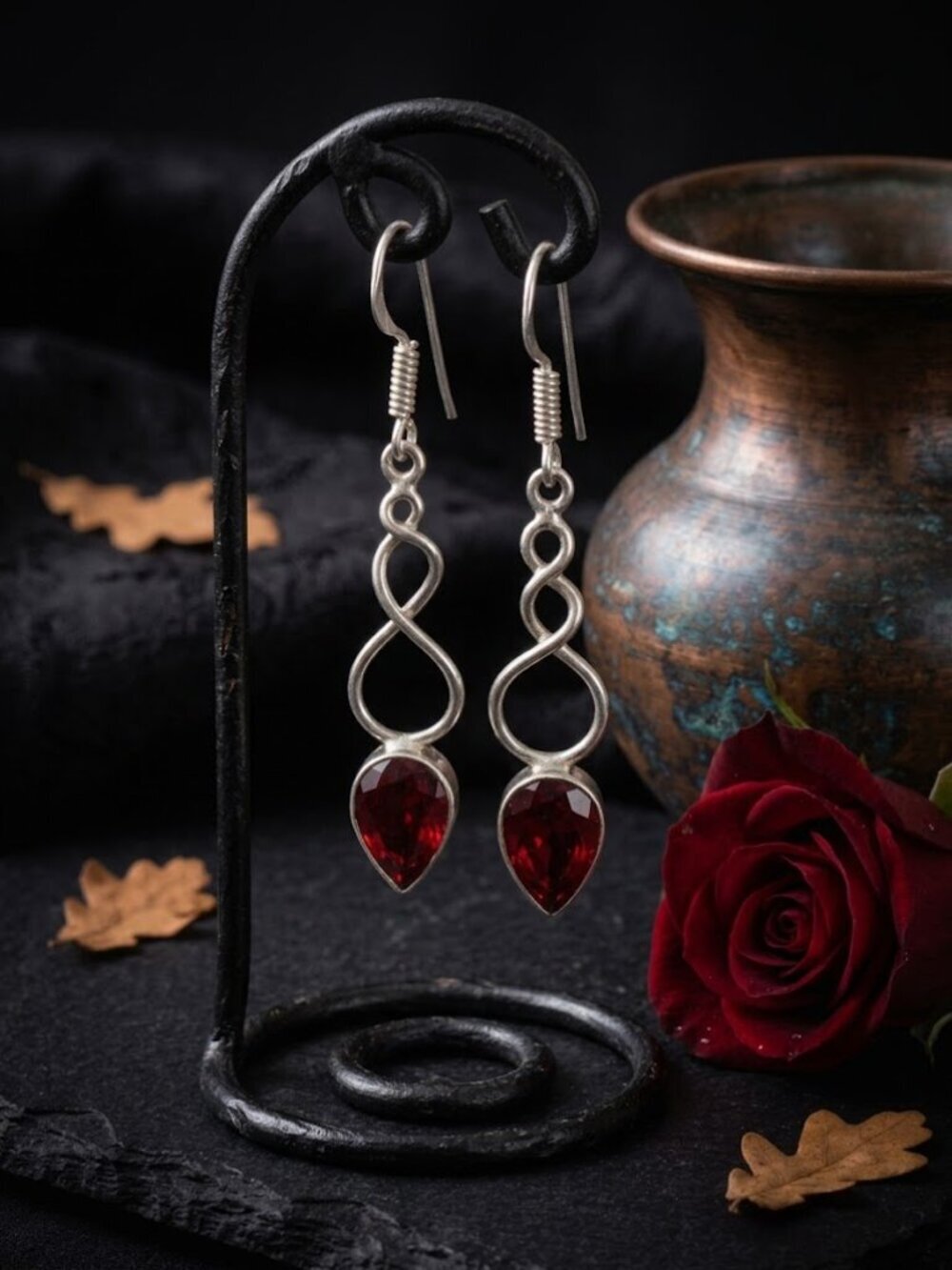 Garnet Red Teardrop Earrings 925 Sterling Silver Infinity Twist Drop 2.05" - NeoKira Unlimited
