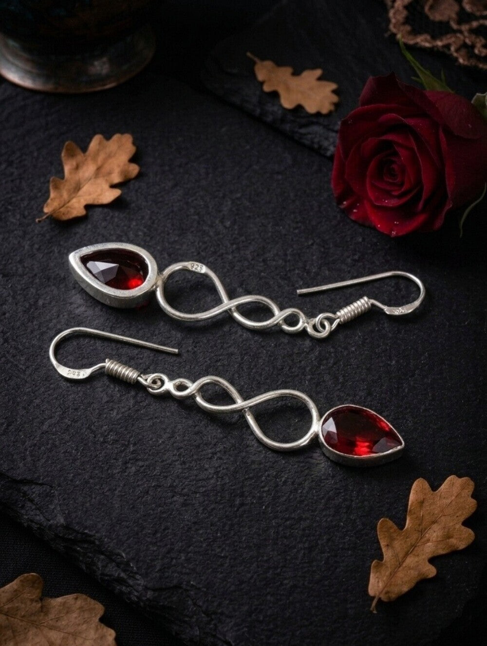 Garnet Red Teardrop Earrings 925 Sterling Silver Infinity Twist Drop 2.05" - NeoKira Unlimited