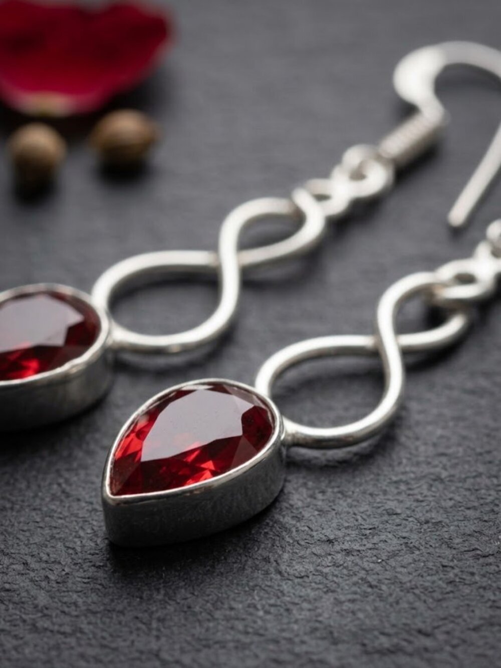Garnet Red Teardrop Earrings 925 Sterling Silver Infinity Twist Drop 2.05" - NeoKira Unlimited