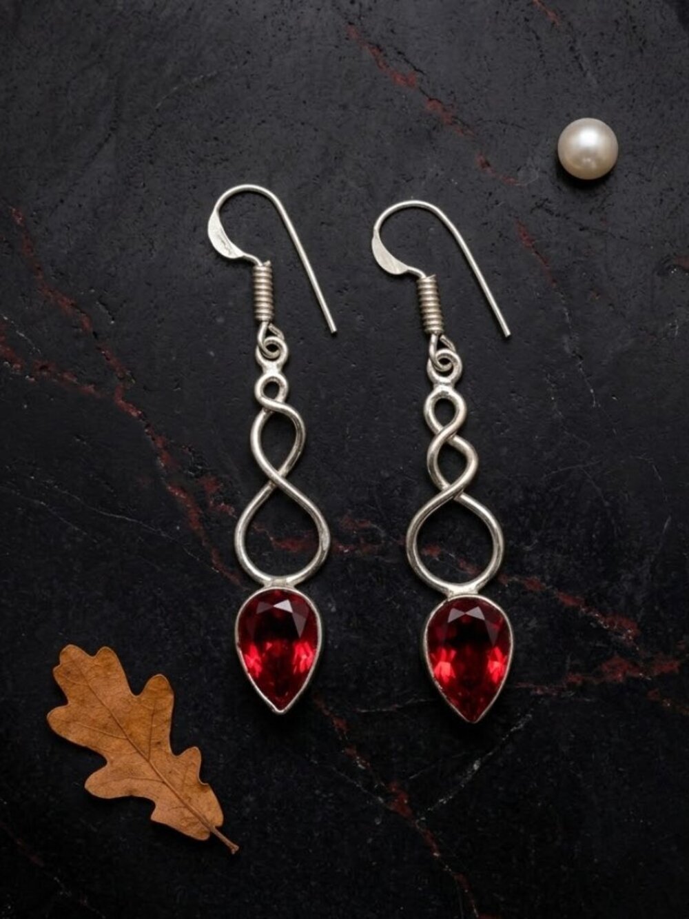 Garnet Red Teardrop Earrings 925 Sterling Silver Infinity Twist Drop 2.05" - NeoKira Unlimited