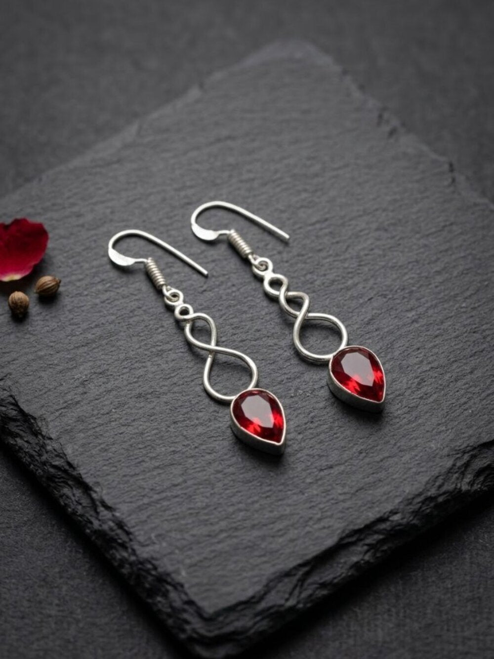 Garnet Red Teardrop Earrings 925 Sterling Silver Infinity Twist Drop 2.05" - NeoKira Unlimited