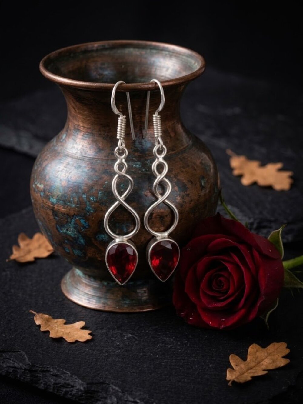 Garnet Red Teardrop Earrings 925 Sterling Silver Infinity Twist Drop 2.05" - NeoKira Unlimited