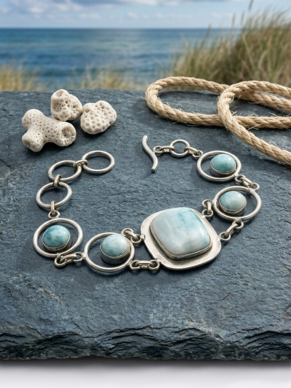 Larimar Artisan Handcrafted 925 Sterling Silver Link Bracelet Boho 7.5" - NeoKira Unlimited