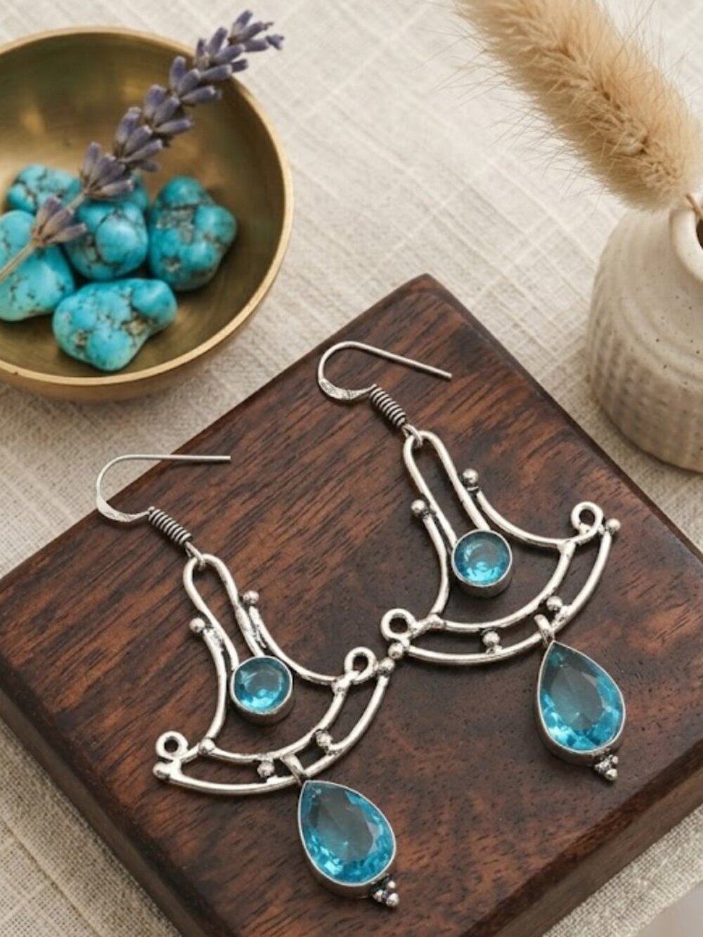 Sterling Silver Antiqued Chandelier Blue Topaz Drop Earrings 2.6"L Boho - NeoKira Unlimited
