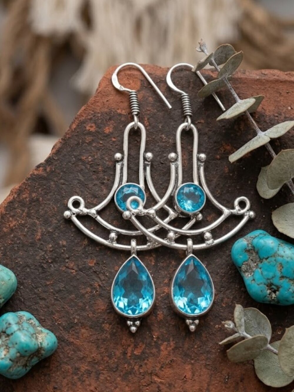 Sterling Silver Antiqued Chandelier Blue Topaz Drop Earrings 2.6"L Boho - NeoKira Unlimited