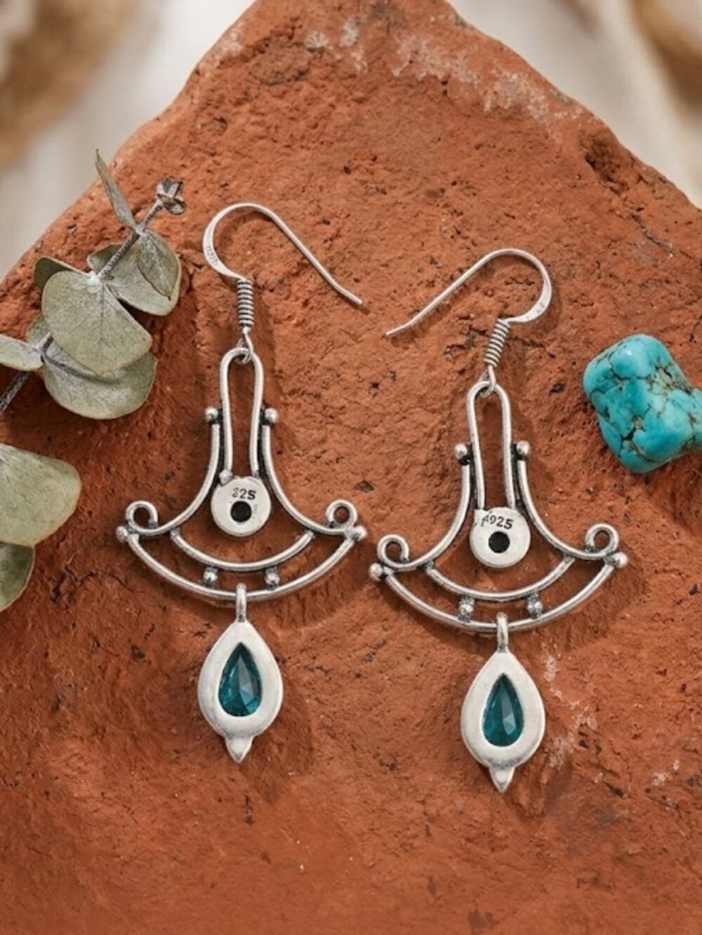 Sterling Silver Antiqued Chandelier Blue Topaz Drop Earrings 2.6"L Boho - NeoKira Unlimited