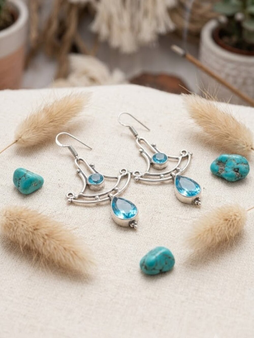 Sterling Silver Antiqued Chandelier Blue Topaz Drop Earrings 2.6"L Boho - NeoKira Unlimited