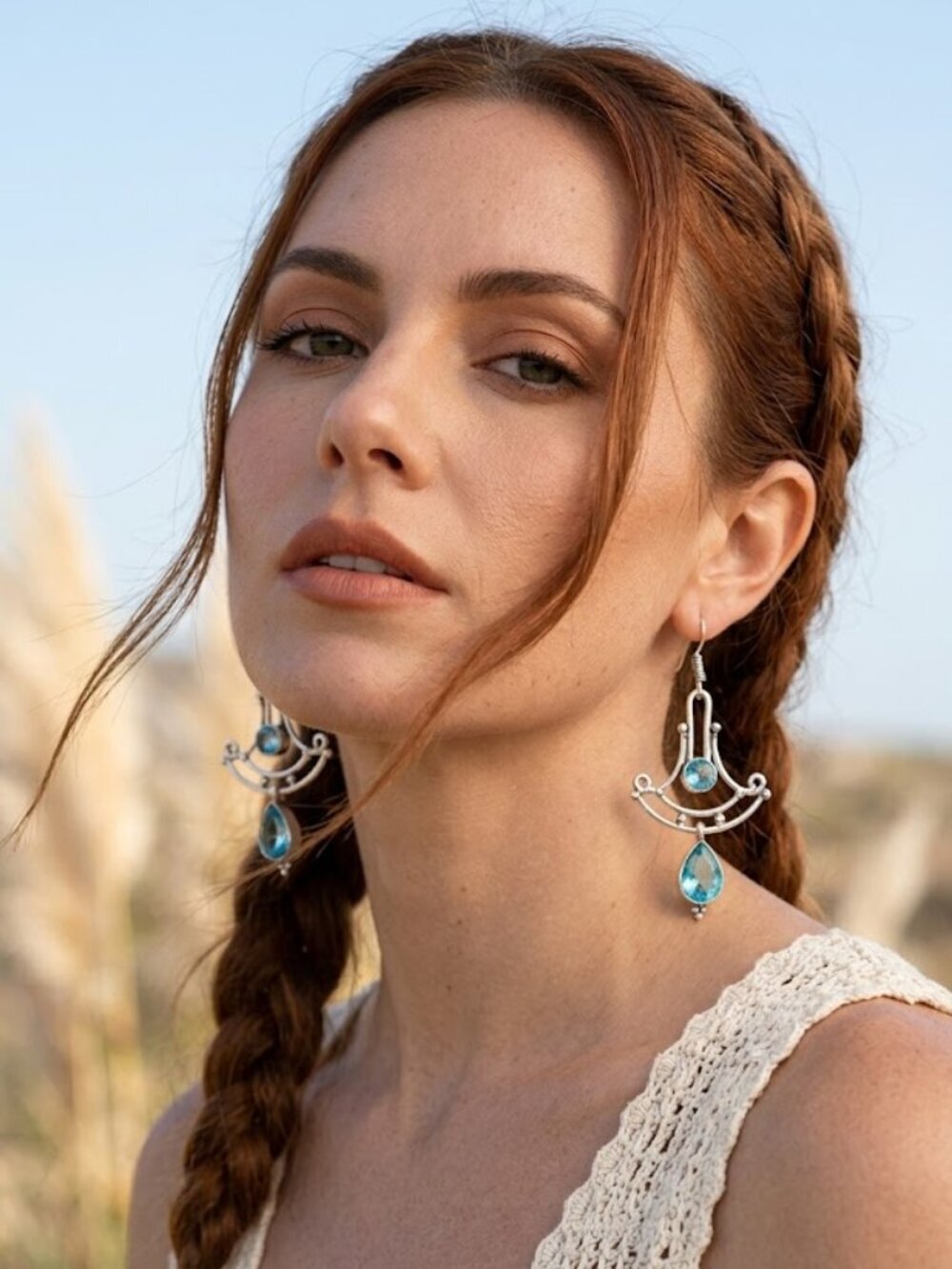 Sterling Silver Antiqued Chandelier Blue Topaz Drop Earrings 2.6"L Boho - NeoKira Unlimited