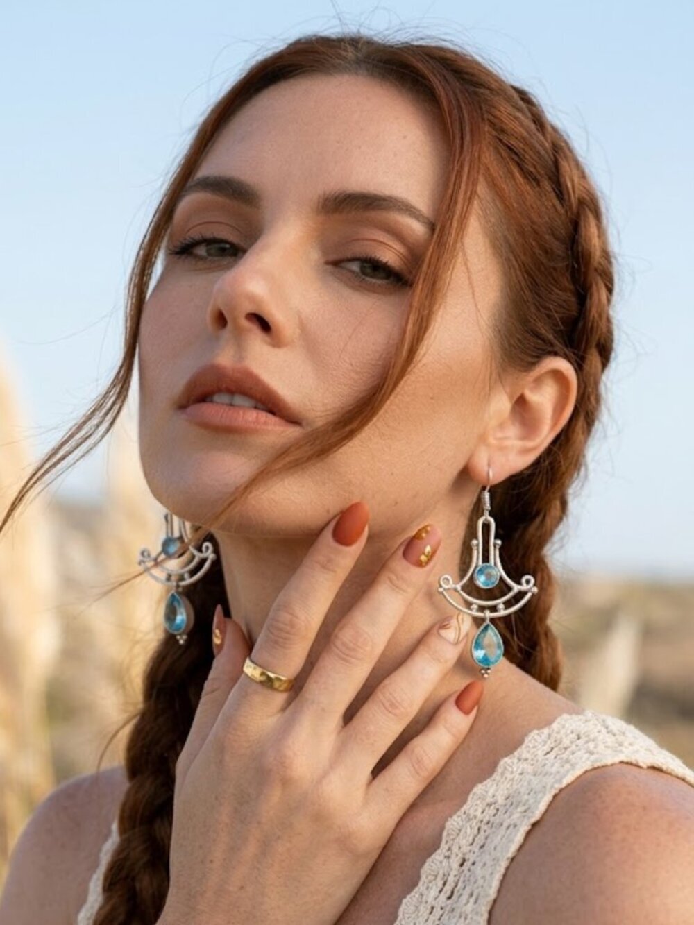 Sterling Silver Antiqued Chandelier Blue Topaz Drop Earrings 2.6"L Boho - NeoKira Unlimited