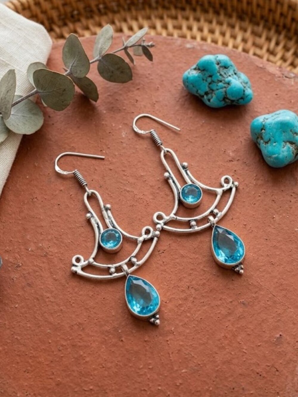 Sterling Silver Antiqued Chandelier Blue Topaz Drop Earrings 2.6"L Boho - NeoKira Unlimited