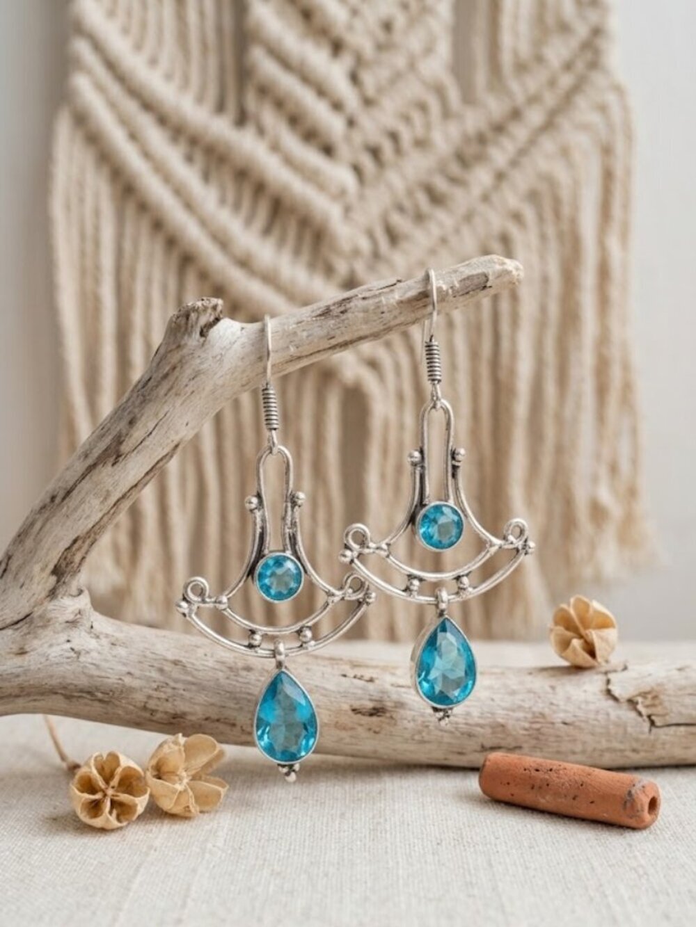 Sterling Silver Antiqued Chandelier Blue Topaz Drop Earrings 2.6"L Boho - NeoKira Unlimited