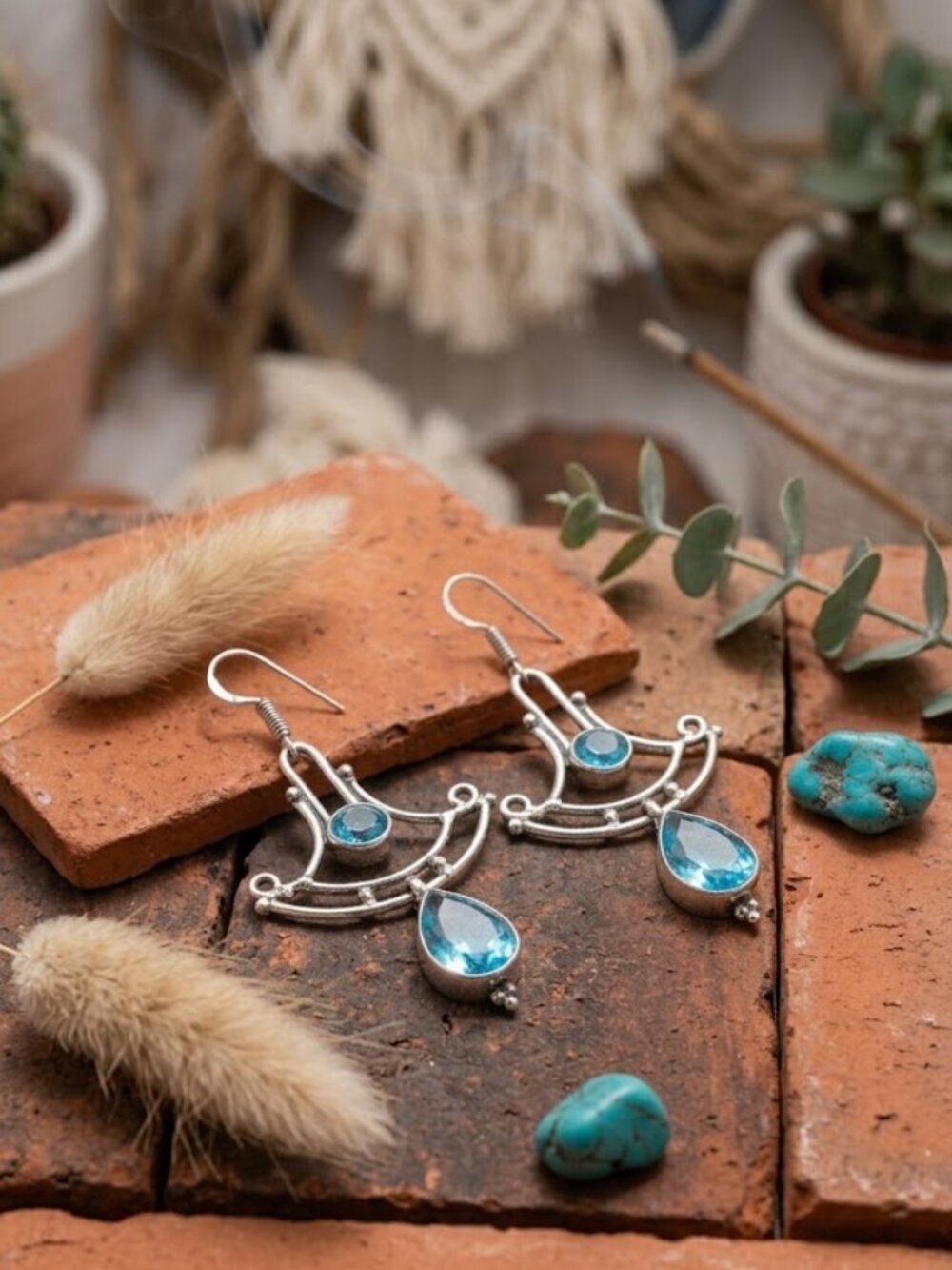 Sterling Silver Antiqued Chandelier Blue Topaz Drop Earrings 2.6"L Boho - NeoKira Unlimited