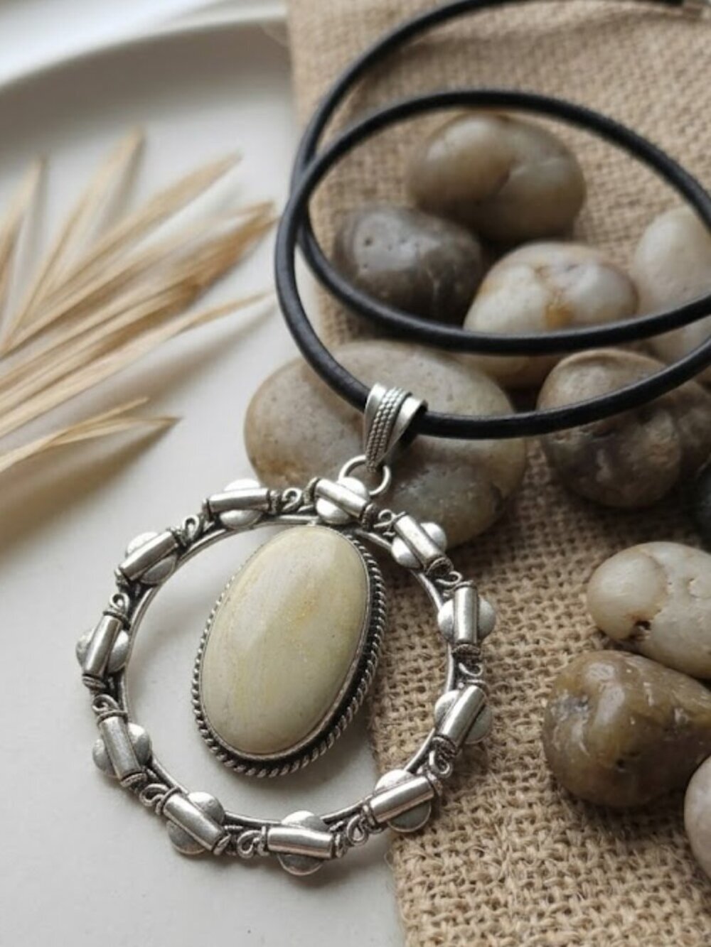 925 Sterling Silver Cream Jade Style Oval Pendant Leather Cord Boho Western 18" - NeoKira Unlimited