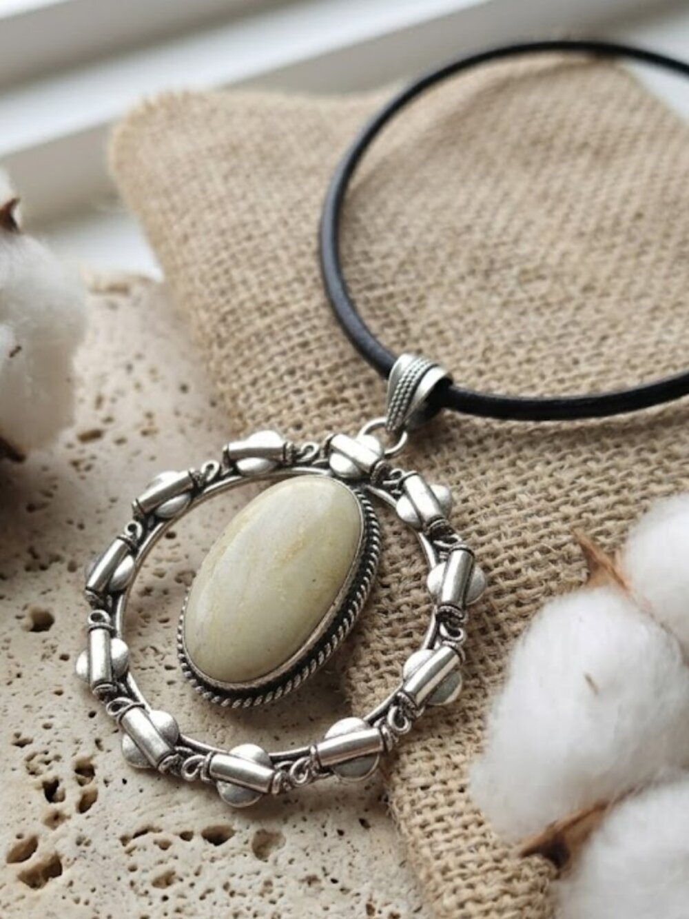 925 Sterling Silver Cream Jade Style Oval Pendant Leather Cord Boho Western 18" - NeoKira Unlimited